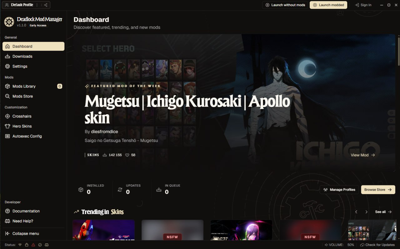 Главный экран менеджера модификаций Deadlock с каталогом